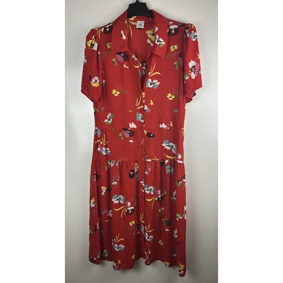*Flawed* CAbi Afternoon Dress Floral Midi Red 6218 SS Shirt Dress Size XL Sheer - Picture 13 of 15